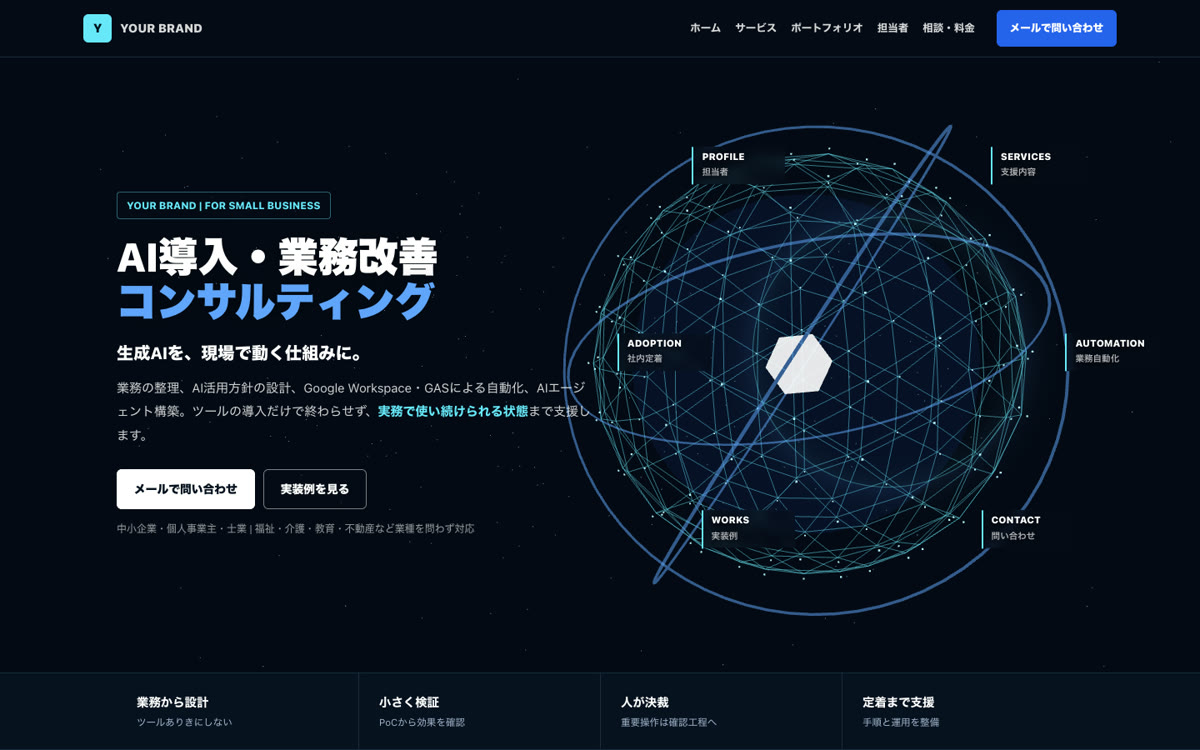公開用Business AI Website Templateのトップ画面